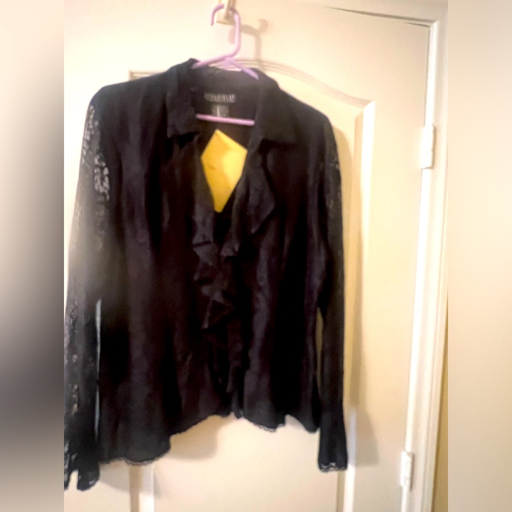 Black lace blouse with ruffles XL.Dialogue purchased on QVC Never worn with tags